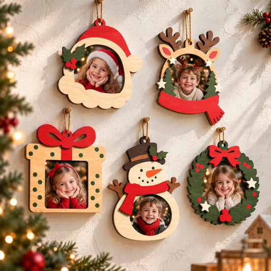 Bundle 5 Christmas Photo Ornament Laser Cut Files, Wooden Picture Frame Ornament, Santa Reindeer Snowman Wreath, Digital Download