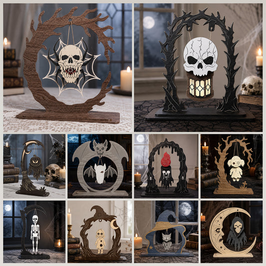 3D Halloween Layered Stand Ornament Spooky Skull Ghost Skeleton Bundle Laser Cut Vector Design for Glowforge Table Decor