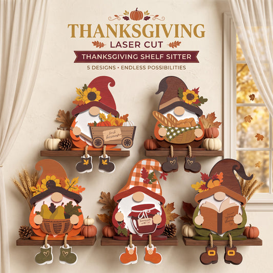 Thanksgiving Gnome Shelf Sitter Bundle, 5 Fall Gnome Laser Cut Designs, Autumn Table Decor Digital Download