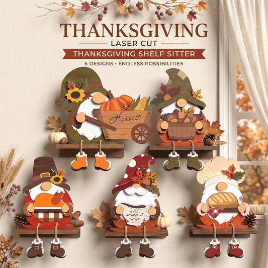 Thanksgiving Gnome Shelf Sitter Laser Cut Bundle, 5 Fall Wooden Tabletop Decor Designs, Harvest Gnome Digital Download