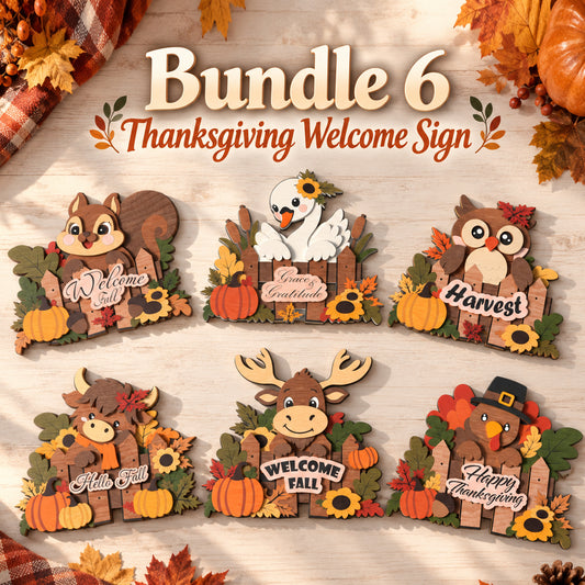 Thanksgiving Welcome Sign Bundle, 6 Fall Animal Layered Wood Signs, Autumn Harvest Laser Cut Decor, Digital Download
