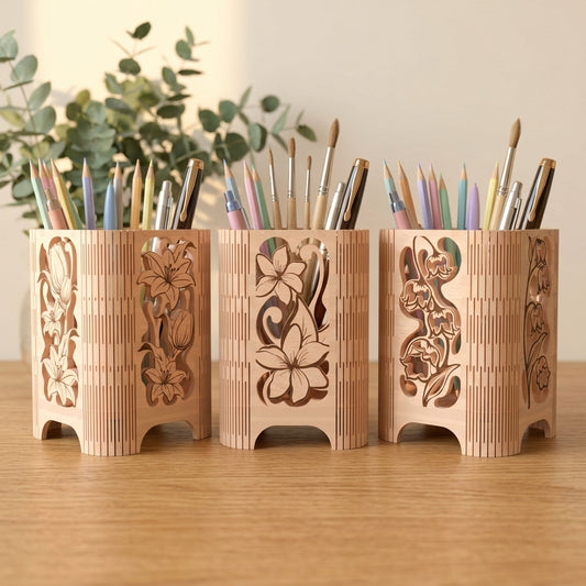Floral Wooden Pen Holder SVG | Lily Flower Desk Organizer Laser Cut File | Decorative Pencil Holder SVG | Office Desk Storage Box | Glowforge xTool CNC SVG