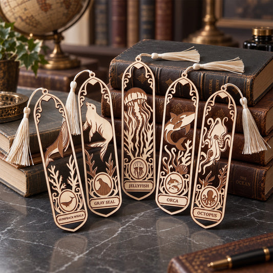 Ocean Animal Bookmark Laser Cut Bundle, 5 Whale Seal Jellyfish Orca Octopus Wooden Bookmark Digital Designs