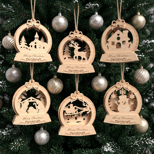 Christmas Snow Globe Ornament Bundle, 6 Wooden Laser Cut Hanging Decorations, Winter Scene Tree Decor, Digital Download