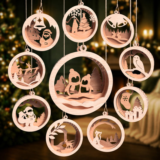 3D Multilayer Christmas Animal Round Ornaments Bundle SVG DXF Winter Scene Hanging Baubles Laser Cut Files Compatible with All Machines