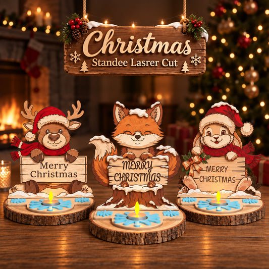 Christmas Animal Standee Laser Cut Bundle, 3 Reindeer Fox Bunny Tea Light Table Decor Digital Designs