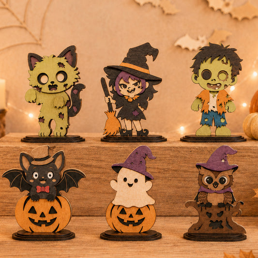 3D Halloween Layered Stand Ornament Cute Witch Zombie Ghost Owl Cat Pumpkin Bundle Laser Cut Vector Design for Glowforge Table Decor