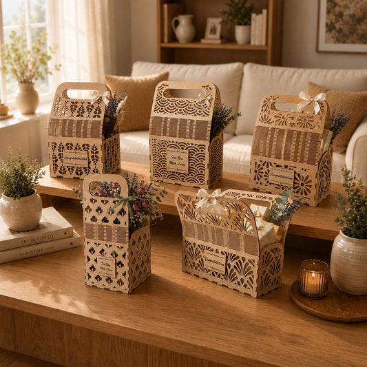 3D Wooden Gift Basket Living Hinge Tote Box Bundle Laser Cut Vector Design for Glowforge Table Decor