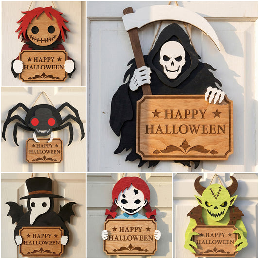 3D Halloween Happy Halloween Sign Door Hanger Grim Reaper Spider Universal Vector Design for All Laser Cutters xTool Glowforge CNC