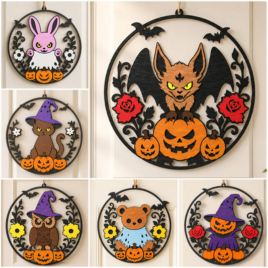 3D Halloween Animals Round Door Hanger Bat Witch Cat Bear Pumpkin Sign Bundle Universal Vector Design for All Laser Cutters xTool Glowforge CNC