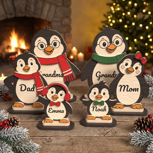 Personalized Penguin Family Christmas Standee Bundle, 6 Wooden Holiday Characters, Laser Cut Digital Download