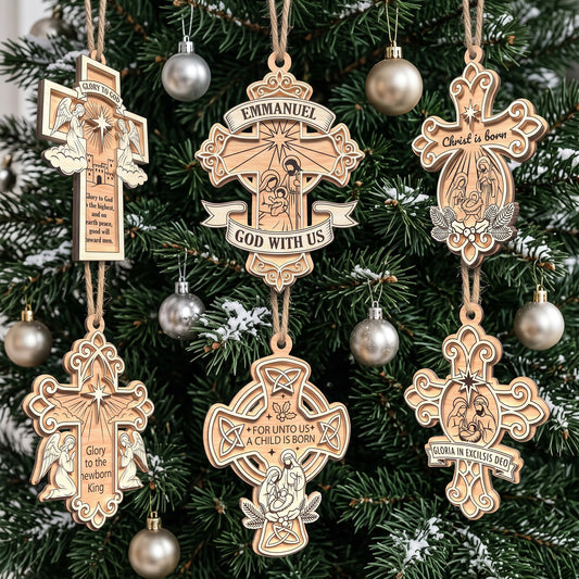 Christian Christmas Cross Ornament Laser Cut Bundle, 6 Nativity Jesus Wooden Tree Decorations Digital Designs