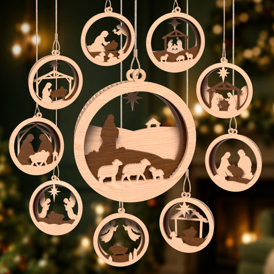 Multilayer Nativity Scene Ornaments Bundle 3D Christmas Hanging Plaques Vector Design File Compatible with All Laser Cutting Machines and CNC Routers