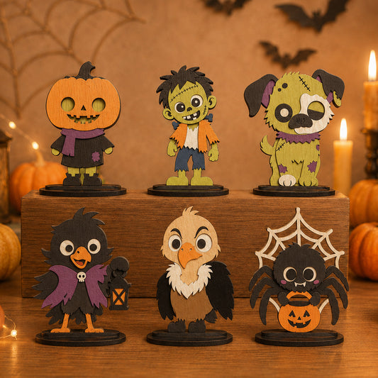 3D Halloween Layered Stand Ornament Cute Pumpkin Zombie Dog Spider Crow Bundle Laser Cut Vector Design for Glowforge Table Decor