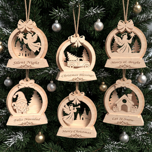 Christmas Snow Globe Ornament Bundle, 6 Wooden Laser Cut Ornaments, Angel Church Gnome Truck Winter Tree Decor, Digital Download