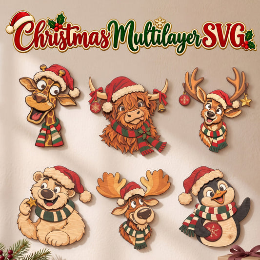 Christmas Animal Laser Cut Bundle, 6 Multilayer Wooden Designs, Giraffe Highland Cow Reindeer Penguin, Digital Download