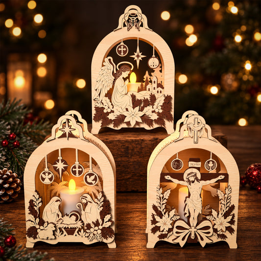 Christian Christmas Candle Holder Bundle, Nativity Angel Cross Laser Cut File, Wooden Religious Table Decor, Digital Download