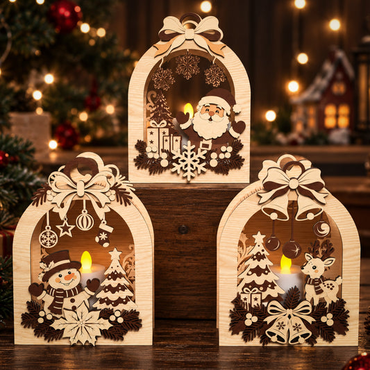 Christmas Candle Holder Bundle of 3, 3D Wooden Holiday Lantern, Snowman Santa Reindeer Table Decor, Laser Cut Digital Download