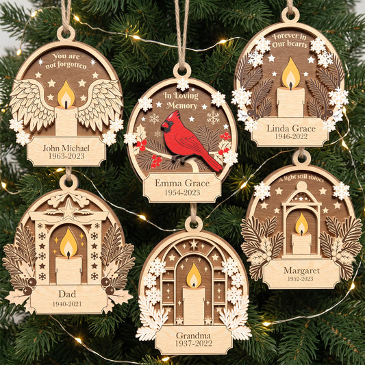 Memorial Christmas Ornament Laser Cut Bundle, 6 Personalized Candle Cardinal Angel Wings Remembrance Designs