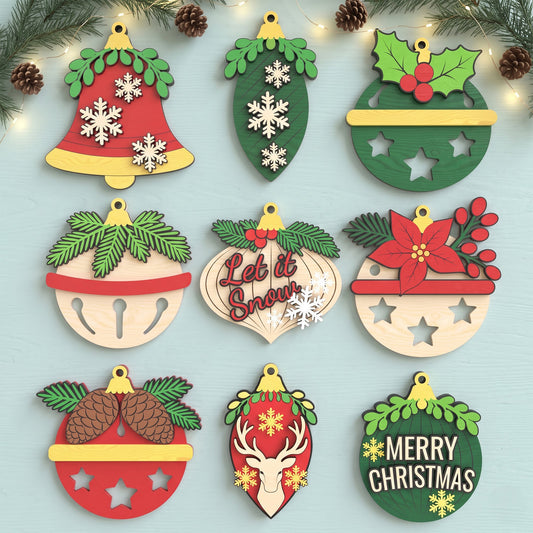 Christmas Ornament Laser Cut Bundle, 9 Layered Wooden Bauble Bell Reindeer Poinsettia Holiday Decorations, Digital Download