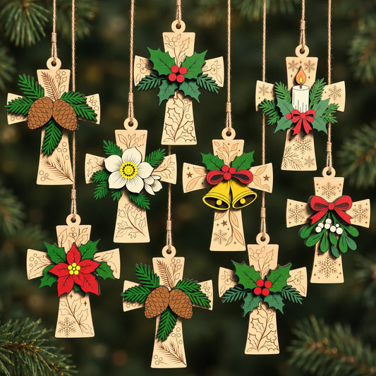 Christian Christmas Cross Ornament Bundle, 9 Laser Cut Wooden Ornaments, Dove Holly Bell Poinsettia Tree Decor, Digital Download
