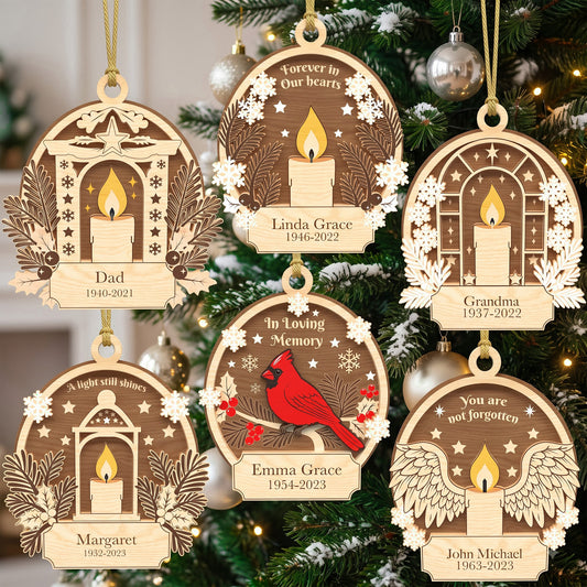 Memorial Christmas Ornament Laser Cut Bundle, 6 Personalized Candle Cardinal Angel Wings Remembrance Designs