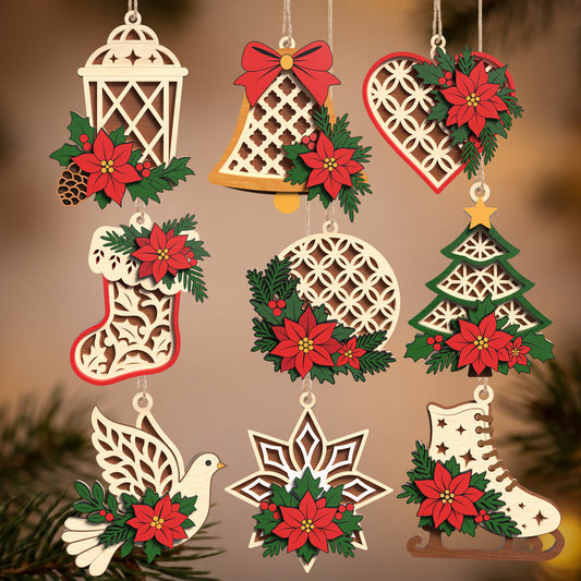 Christmas Ornament Bundle, 9 Layered Poinsettia Holiday Decorations, Laser Cut Wood Digital Download