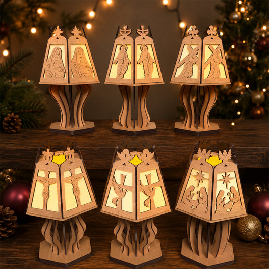 Christian Christmas Lantern Laser Cut Bundle, 6 Jesus Nativity Table Lamp Digital Designs