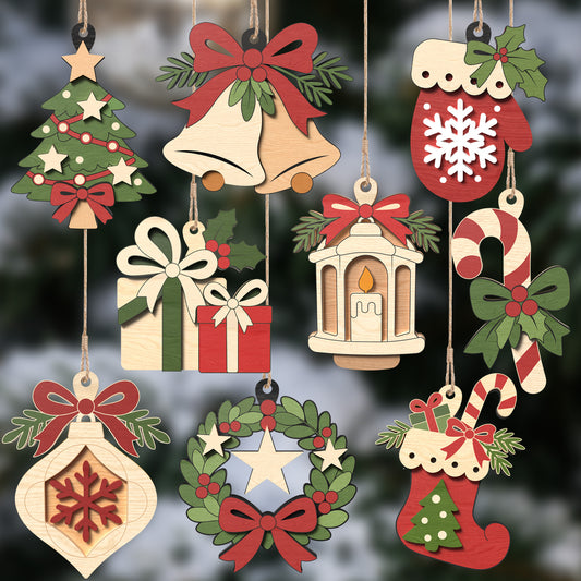 Christmas Ornament Bundle, 9 Layered Wood Ornaments, Tree Bell Stocking Wreath Gift Laser Cut Decor, Digital Download