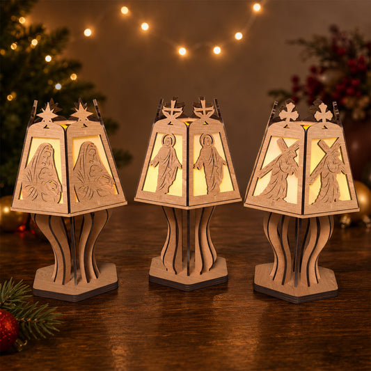 Christian Christmas Lantern Laser Cut Bundle, 3 Jesus Mary Cross Table Lamp Digital Designs