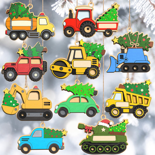10 Christmas Vehicle Ornament Bundle, Construction Truck Tree Decorations, Laser Cut Wood Ornament Digital Download