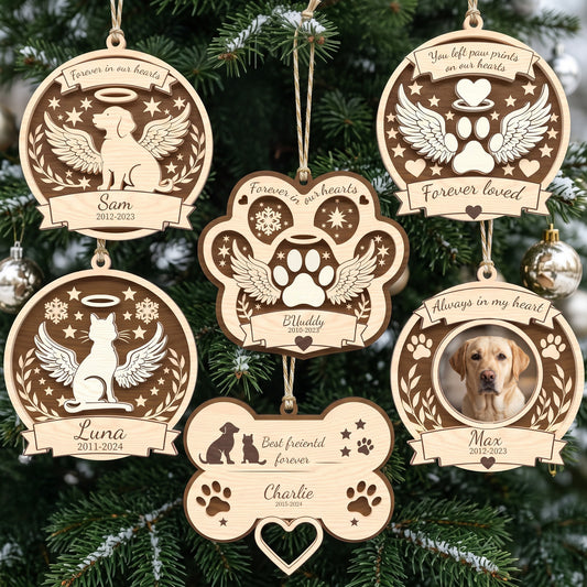 Pet Memorial Ornament Laser Cut Bundle, 6 Dog Cat Paw Angel Wings Christmas Keepsake Digital Designs