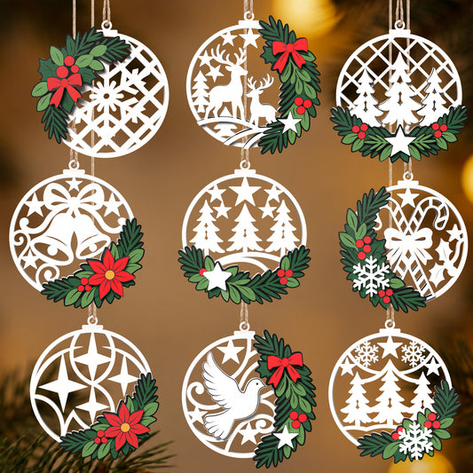 Christmas Ornament Bundle, 9 Layered Wood Tree Decorations, Reindeer Snowflake Holiday Laser Cut Digital Download