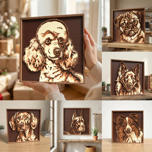 Dog Portrait Layered SVG Bundle | 3D Pet Portrait Laser Cut Files | Wooden Dog Wall Art SVG Collection for Glowforge & xTool