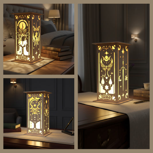 Mystical Tarot Lantern SVG | Sword & Moth Laser Cut Lantern File | Celestial Night Light SVG | Fantasy Wooden LED Lamp for Glowforge, xTool & CNC