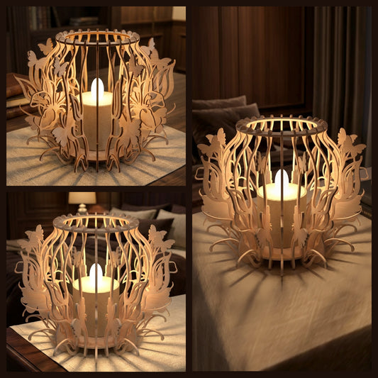 Butterfly Floral Candle Lantern SVG | Layered Laser Cut Tealight Holder | 3D Wooden Butterfly Lamp | Glowforge Candle Decor Digital Download