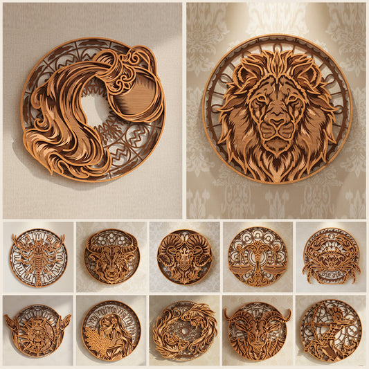 Zodiac SVG Bundle | 12 Layered Horoscope Laser Cut Files | Astrology Wall Art SVG | Celestial Mandala Decor for Glowforge, xTool & CNC