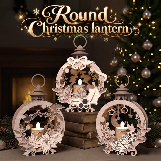 Round Christmas Lantern Laser Cut Bundle, Wooden Candle Holder, Holiday Table Decor, Nativity Lantern Digital Download