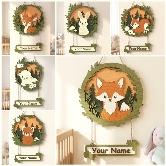 Personalized Woodland Nursery Name Sign SVG Bundle | Forest Animal Wooden Name Plaque Laser Cut File | Fox Bunny Lamb Red Panda Nursery Decor for Glowforge & xTool