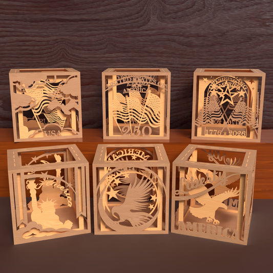 USA 250th Anniversary Lantern SVG Bundle | Patriotic Layered Light Box Laser Cut Files | Independence Day Decor for Glowforge, xTool & CNC