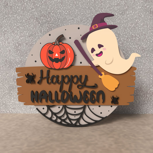Happy Halloween Ghost Door Hanger Laser Cut File SVG DXF | Pumpkin Spider Web Sign | Glowforge LightBurn Digital Download