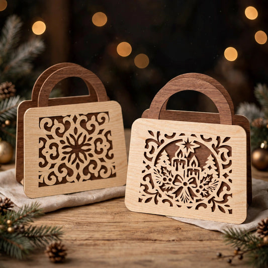 Bundle 3 Christmas Gift Bag Laser Cut Files, Wooden Holiday Treat Bag, Christmas Gift Box, Laser Cut Basket, Digital Download