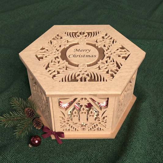 3D Multilayer Christmas Hexagon Gift Box SVG DXF Merry Christmas Favor Treat Tote Laser Cut Files Compatible with All Machines