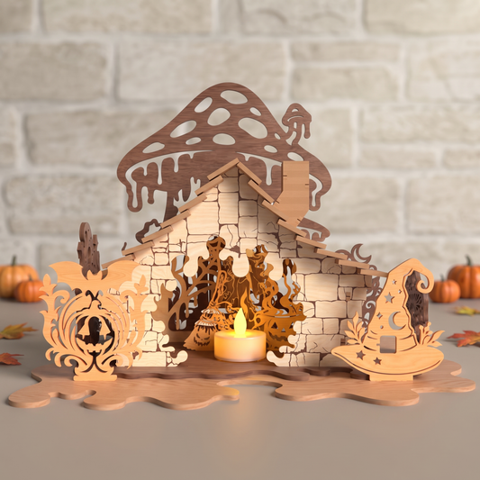 3D Halloween Witch Cabin Diorama Candle Holder Spooky Mushroom House Universal Vector Design for All Laser Cutters xTool Glowforge CNC