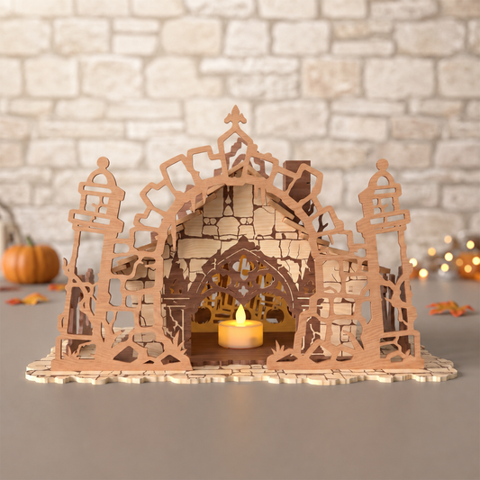3D Halloween Haunted Castle Diorama Candle Holder Gothic Manor Architecture Universal Vector Design for All Laser Cutters xTool Glowforge CNC