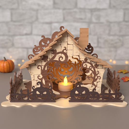 3D Halloween Pumpkin Cabin Diorama Candle Holder Spooky Jack-O-Lantern House Universal Vector Design for All Laser Cutters xTool Glowforge CNC