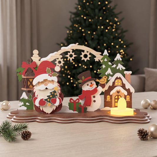 Christmas Candle Holder Laser Cut File, Santa Snowman Winter Scene, Wooden Tea Light Table Decor, Holiday Centerpiece, Digital Download
