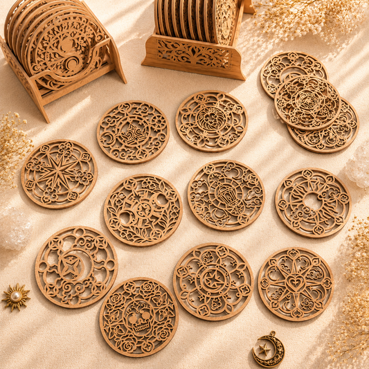 SVG DXF File Celestial Mystical Wooden Coaster Bundle Laser Cut Vector Design for Glowforge 3D Wood Wall Art Home Decor | CUTSVG.COM