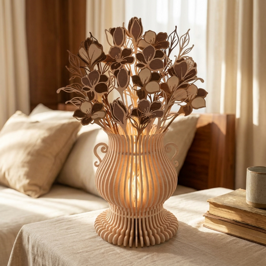 Floral Vase Lamp SVG | Layered Flower Lantern Laser Cut File | Elegant Wooden Table Light for Glowforge, xTool & CNC