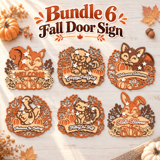 Fall Door Sign Laser Cut Bundle, 6 Autumn Pumpkin Animal Wreath Designs, Layered Wood Digital Download
